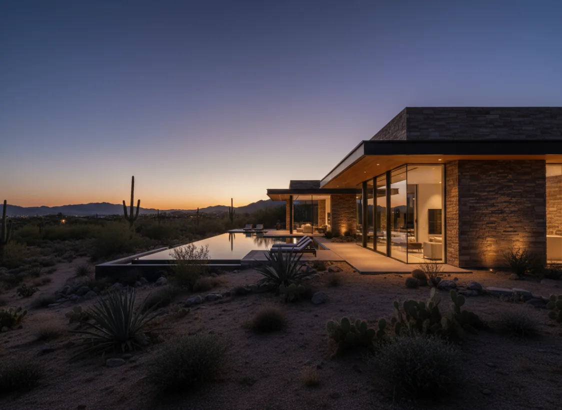 Modern luxury residence with warm interior light at dusk