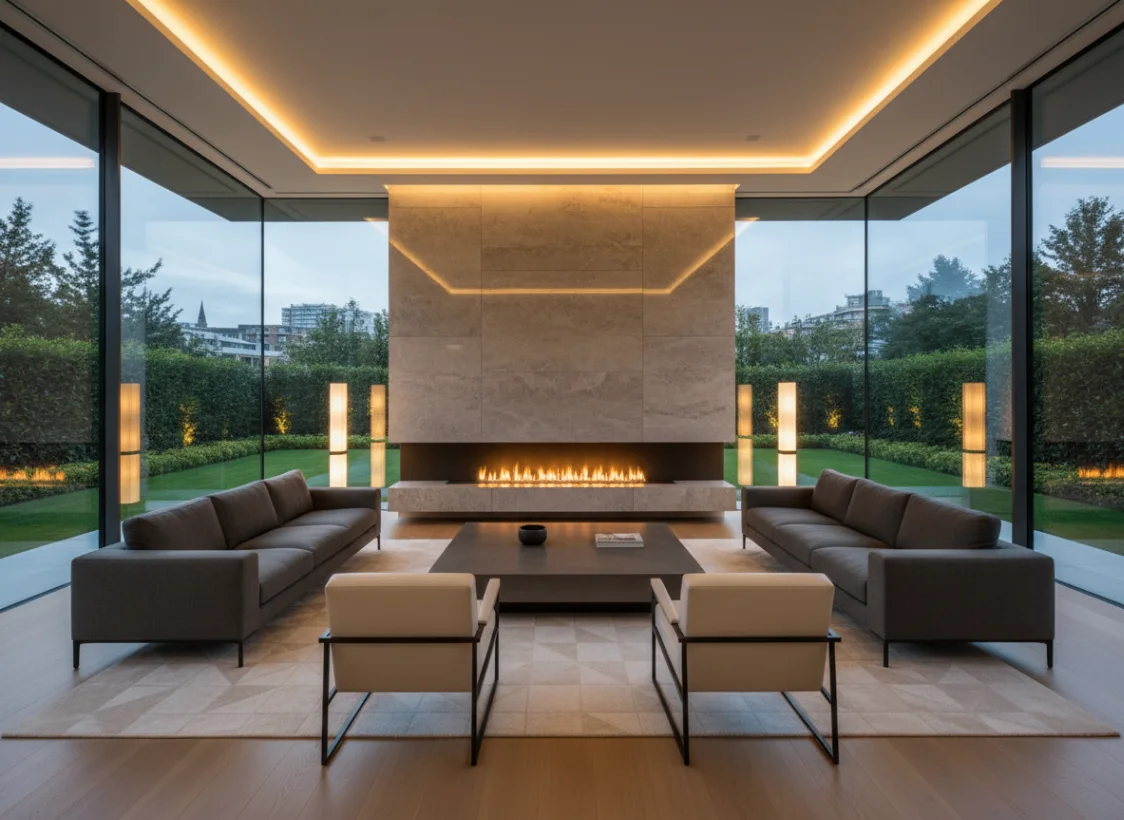 Contemporary living room framed by glass with warm linear ceiling light
