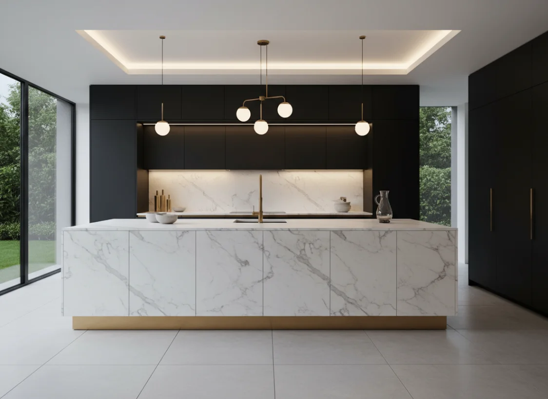 Modern kitchen with a veined marble island and brass lighting