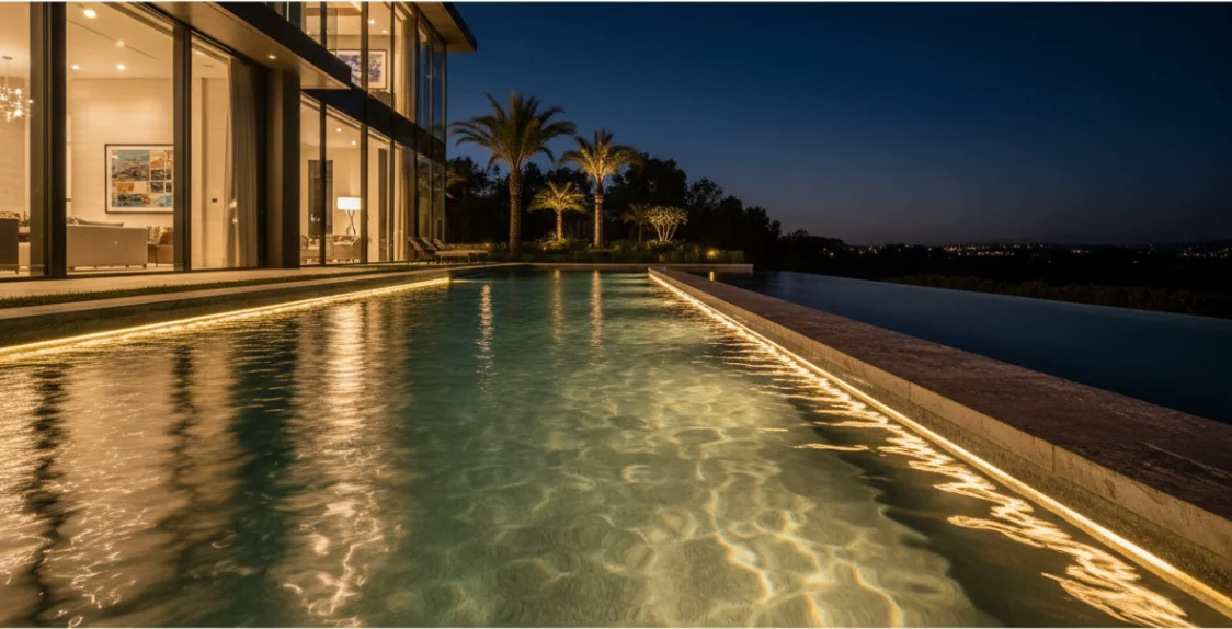 Waterline pool edge reflecting a glass residence at night